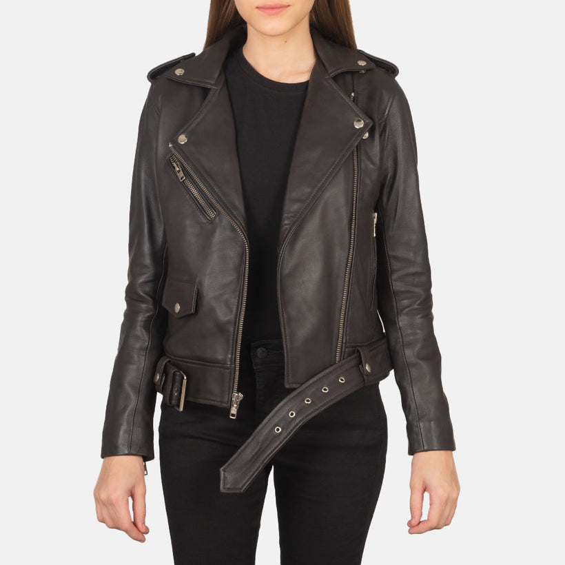 Alison Marrone Giacca Biker in Pelle da Donna