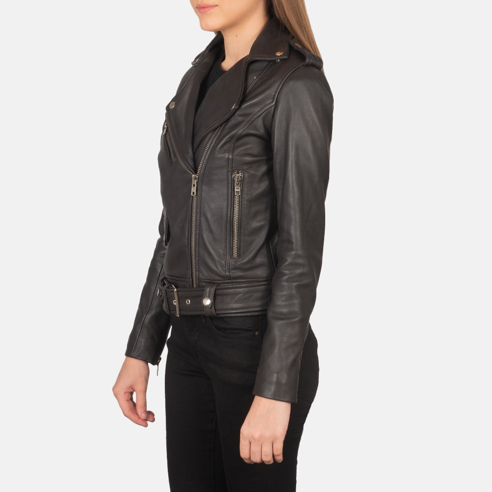 Brown Sheepskin Leather Biker Jacket - Vista posteriore Showing Tailored Shoulder Fit &amp; Clean Hemline