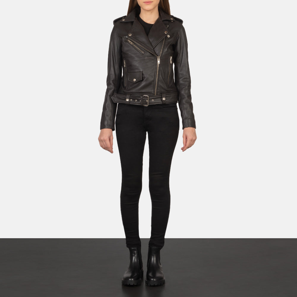 Women's Alison Marrone Giacca Biker in Pelle da Donna - Lateral Side Profile View Showing Sleeve Cut &amp; Athletic Taper Fit