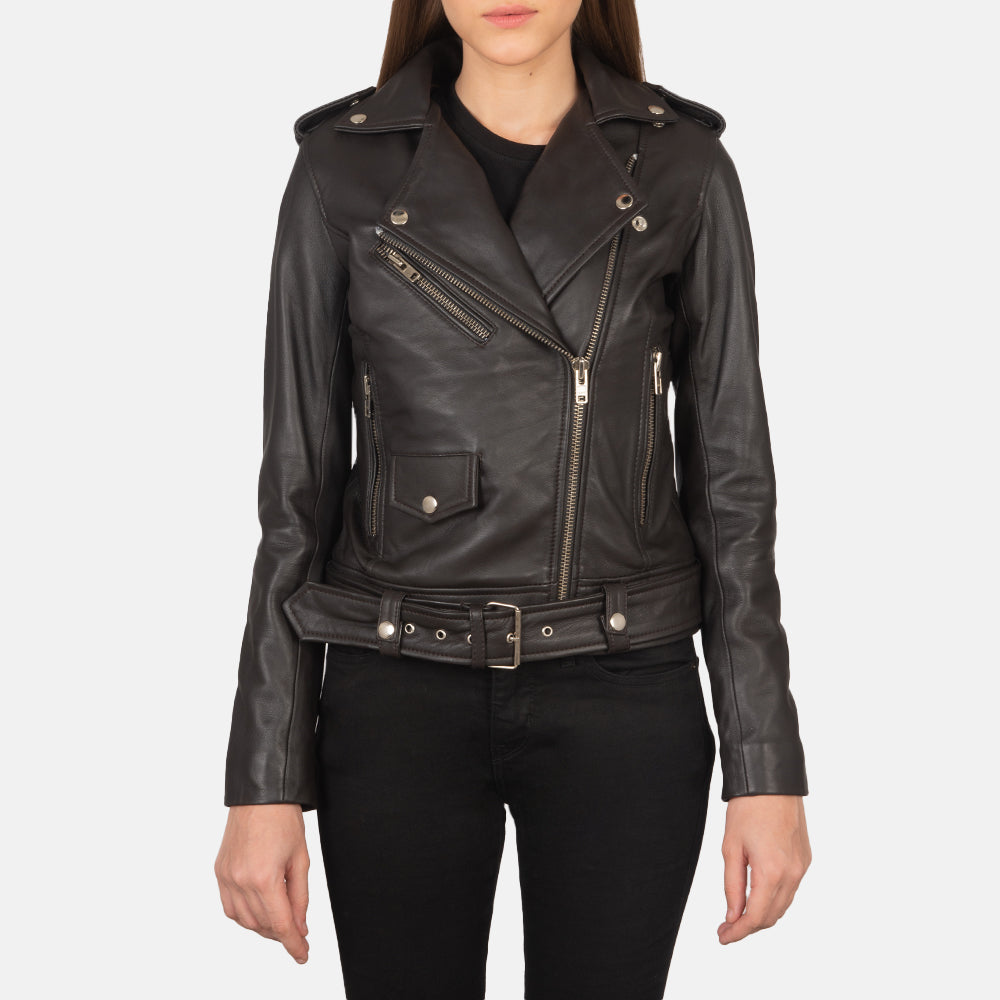 Dettaglio ravvicinato of Notch &amp; Zipper Hardware on Women's Alison Marrone Giacca Biker in Pelle da Donna