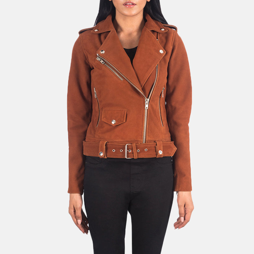 Alison Marrone Suede Giacca Biker in Pelle da Donna