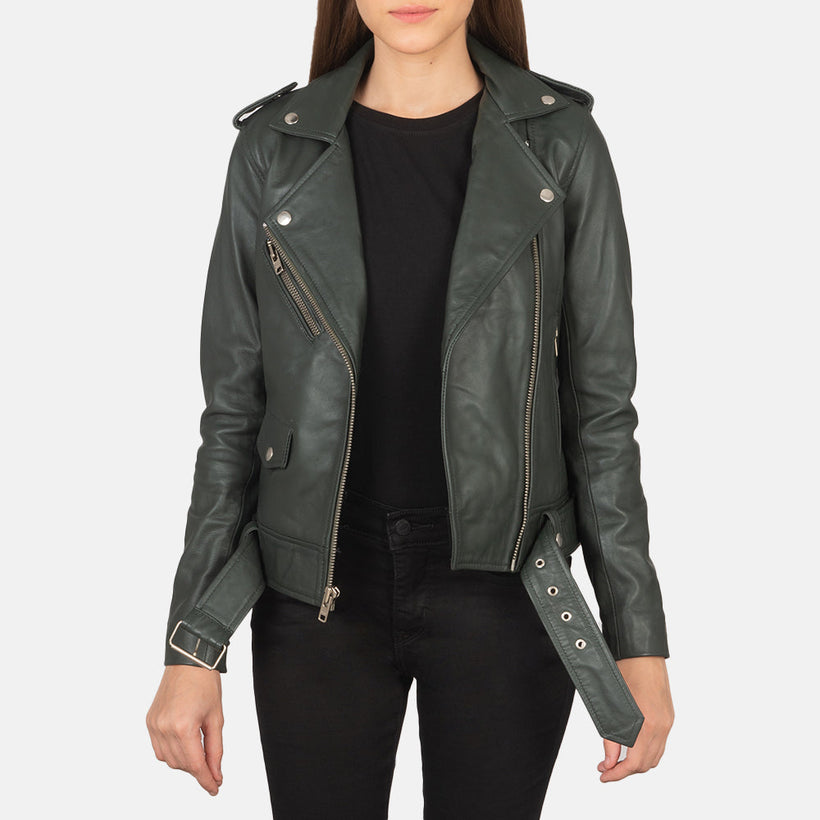 Alison Verde Giacca Biker in Pelle da Donna