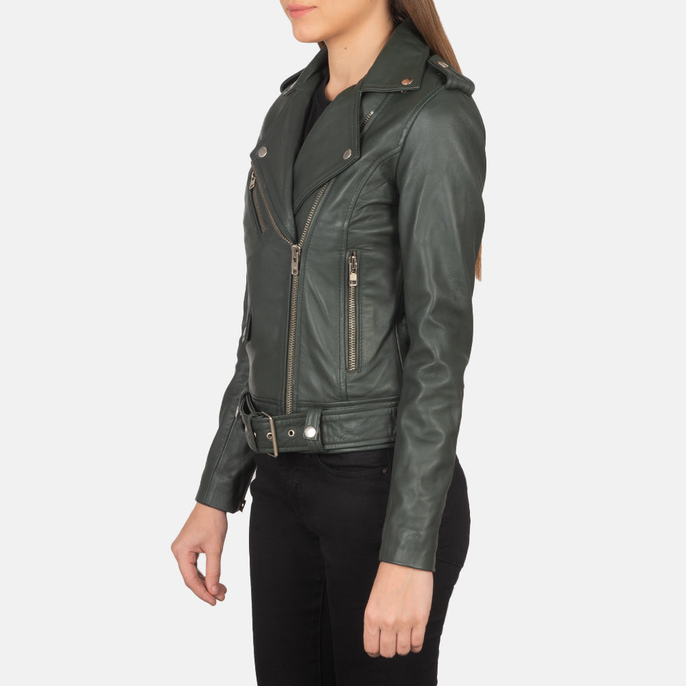 Green Sheepskin Leather Biker Jacket - Vista posteriore Showing Tailored Shoulder Fit &amp; Clean Hemline