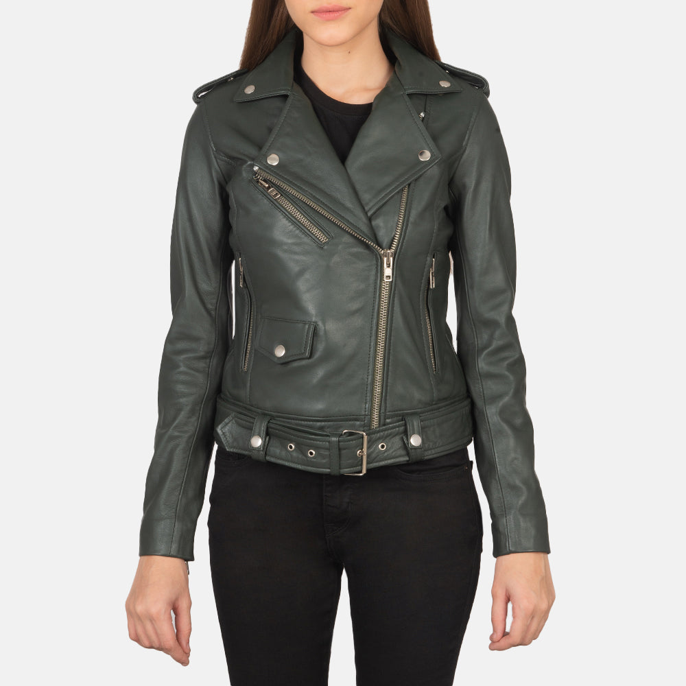 Dettaglio ravvicinato of Notch &amp; Zipper Hardware on Women's Alison Verde Giacca Biker in Pelle da Donna
