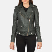 Dettaglio ravvicinato of Notch &amp; Zipper Hardware on Women's Alison Verde Giacca Biker in Pelle da Donna