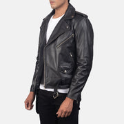 
Black Cowhide Leather Biker Jacket - Vista posteriore con spalle definite e orlo pulito