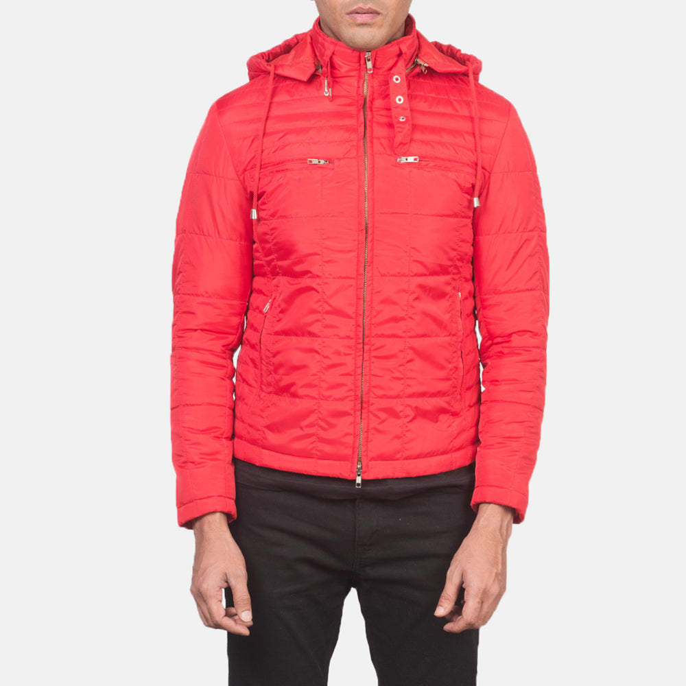 Dettaglio ravvicinato of High neck with Belt &amp; Zipper Hardware on Men's Alps Quilted Red Windbreaker Jacket
