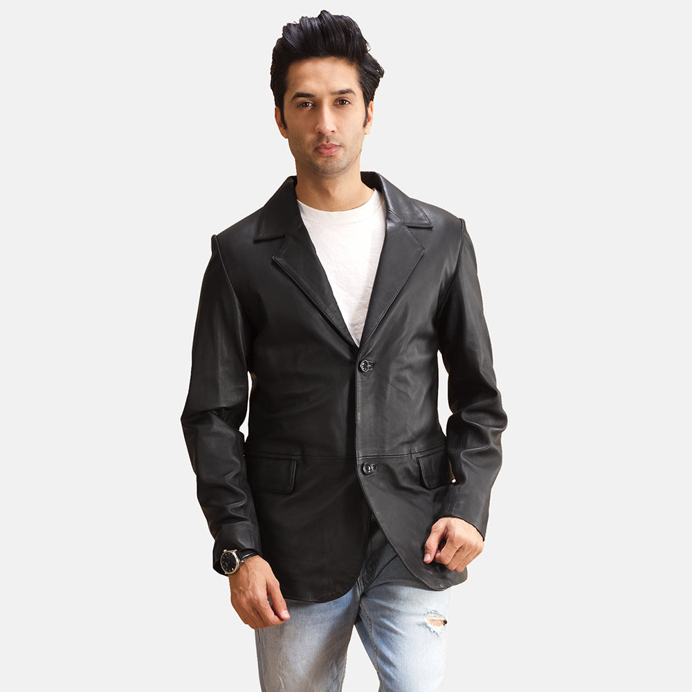 Alyson Nero Blazer in Pelle in Pelle da Uomo in Black Sheepskin Leather - Vista frontale e linea su misura | Acquista online