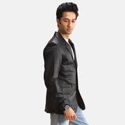Black Sheepskin leather Blazer - Vista posteriore Showing Tailored Shoulder Fit &amp; Clean Hemline