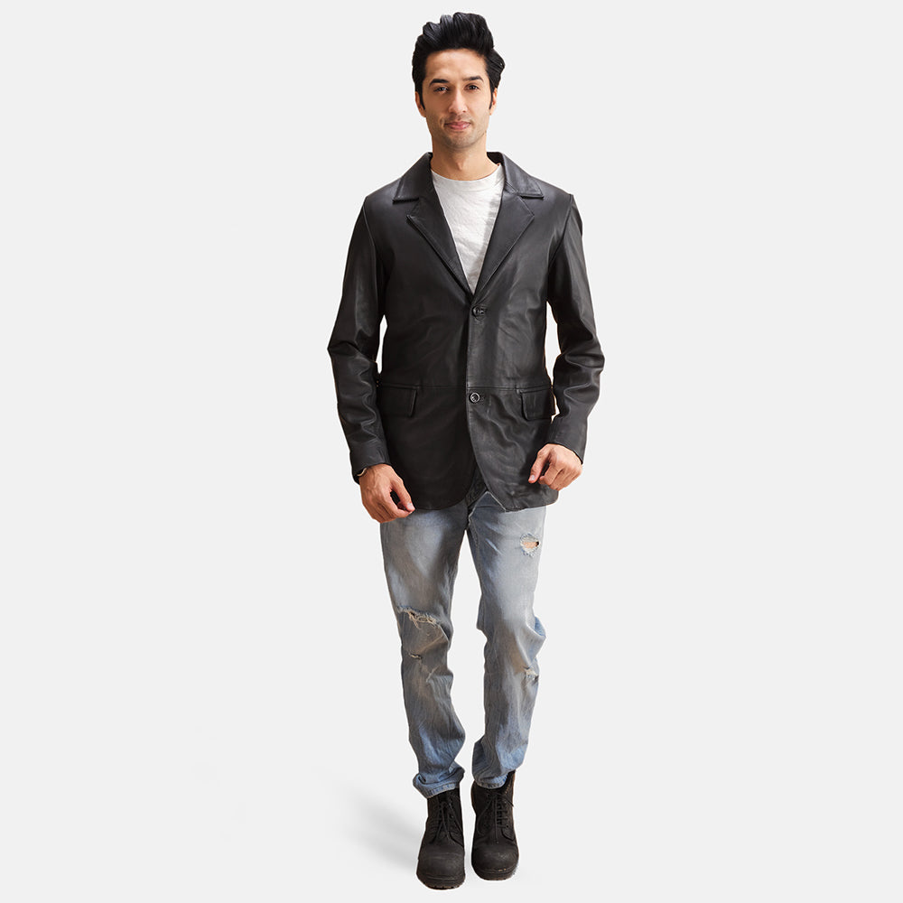 Alyson Nero Blazer in Pelle in Pelle da Uomo - Lateral Side Profile View Showing Sleeve Cut &amp; Athletic Taper Fit