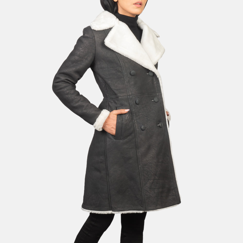 Women's Amie Black Double Breasted Shearling Coat - Lateral Side Profile View Showing Sleeve Cut &amp; Athletic Taper Fit