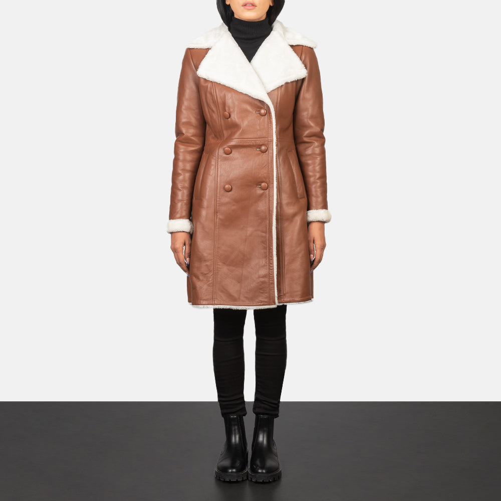 Women's Amie Brown Double Breasted Shearling Coat in Brown Sheepskin Burnishing - Vista frontale e linea su misura | Acquista online