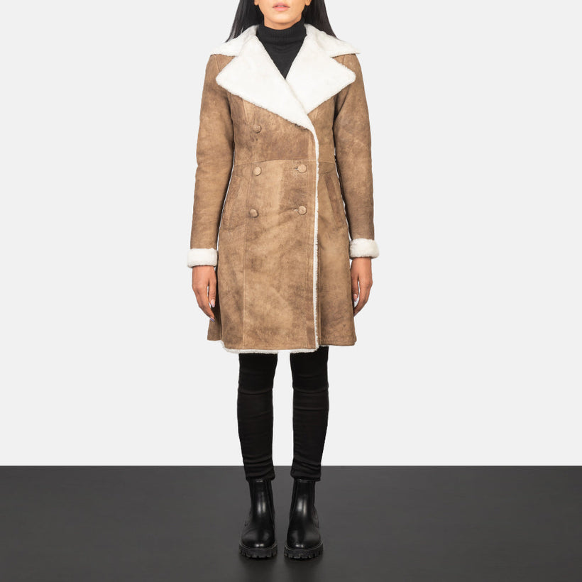 Amie Effetto Usurato Marrone Double-Breasted Shearling Cappotto in Pelle da Donna