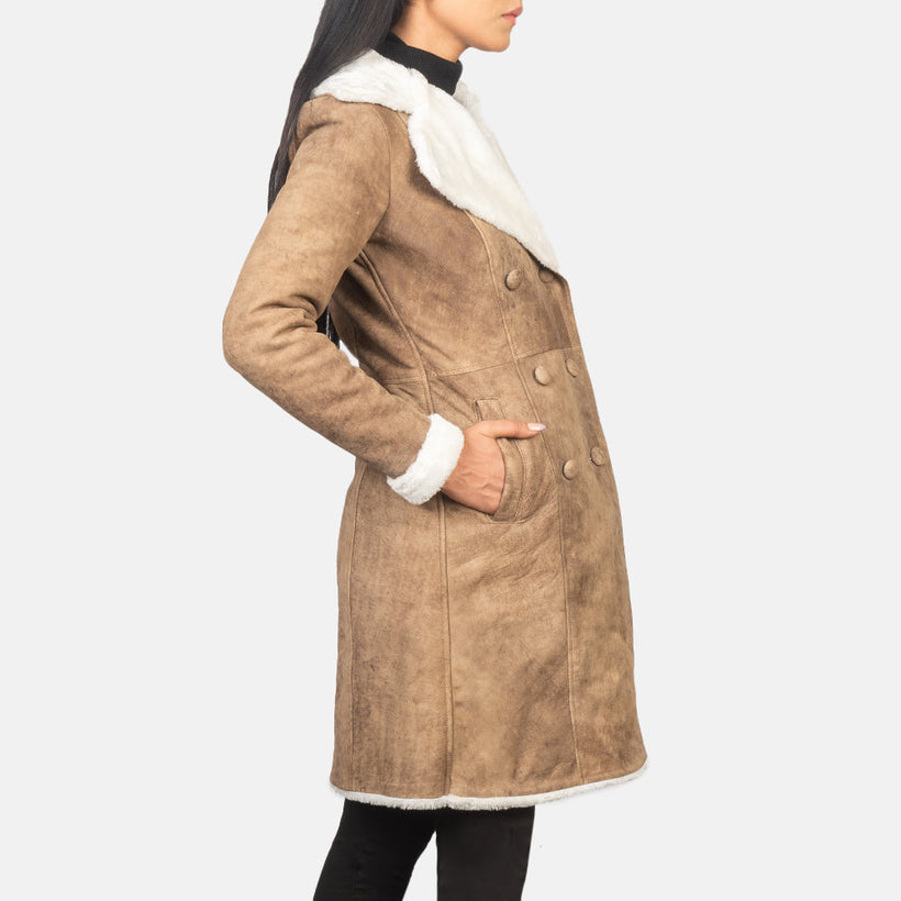 Amie Effetto Usurato Marrone Double-Breasted Shearling Cappotto in Pelle da Donna