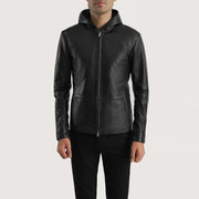 Men's Andy Matte Nero Hooded Giacca in Pelle da Uomo in Matte Black Sheepskin Leather - Vista frontale e linea su misura | Acquista online