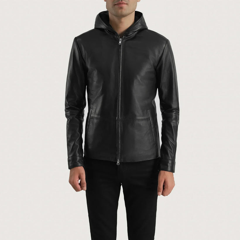 Andy Matte Nero Hooded Giacca in Pelle da Uomo