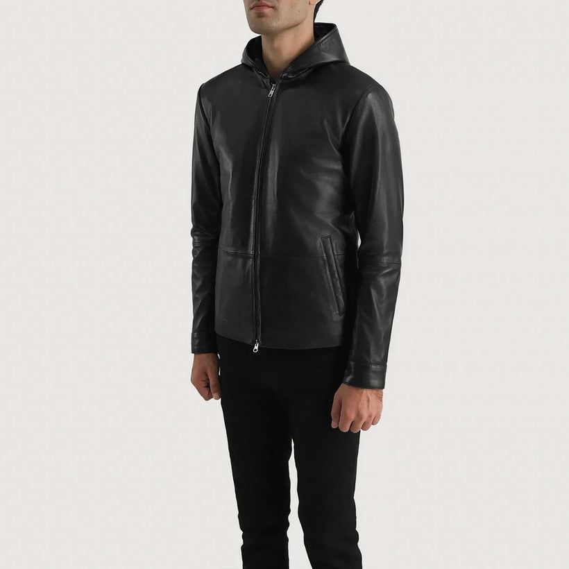 Andy Matte Nero Hooded Giacca in Pelle da Uomo