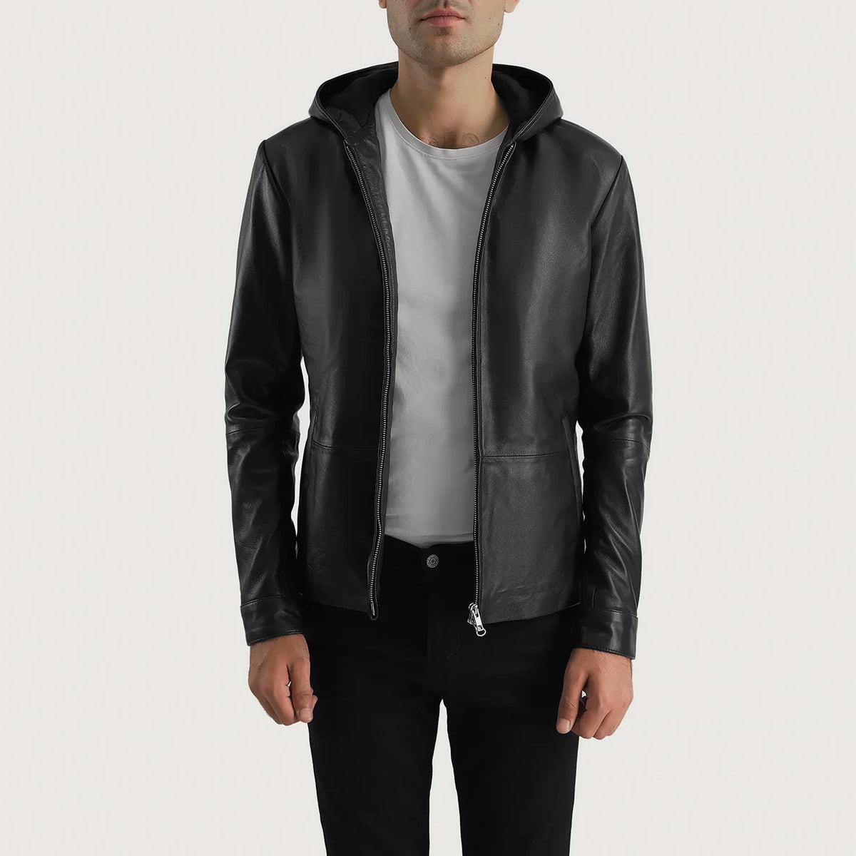 Men's Andy Matte Nero Hooded Giacca in Pelle da Uomo - Lateral Side Profile View Showing Sleeve Cut &amp; Athletic Taper Fit