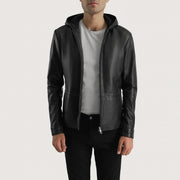 Men's Andy Matte Nero Hooded Giacca in Pelle da Uomo - Lateral Side Profile View Showing Sleeve Cut &amp; Athletic Taper Fit