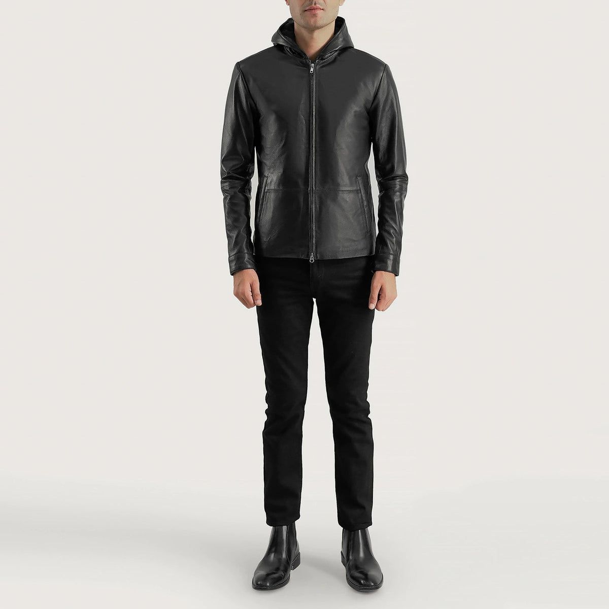 Dettaglio ravvicinato of Hooded &amp; Zipper Hardware on Men's Andy Matte Nero Hooded Giacca in Pelle da Uomo