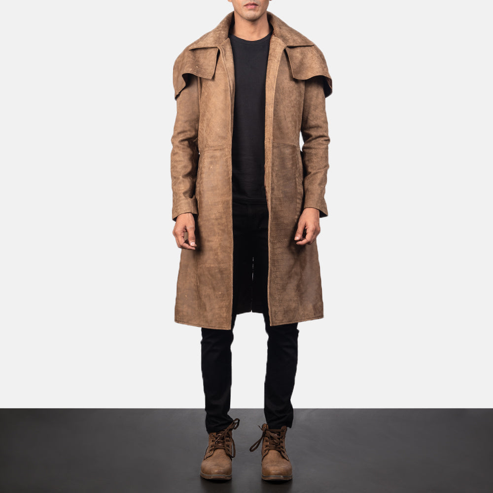 Men's Army Marrone Leather Duster da Uomo in Distressed Brown Sheepskin Snuffed - Vista frontale e linea su misura | Acquista online
