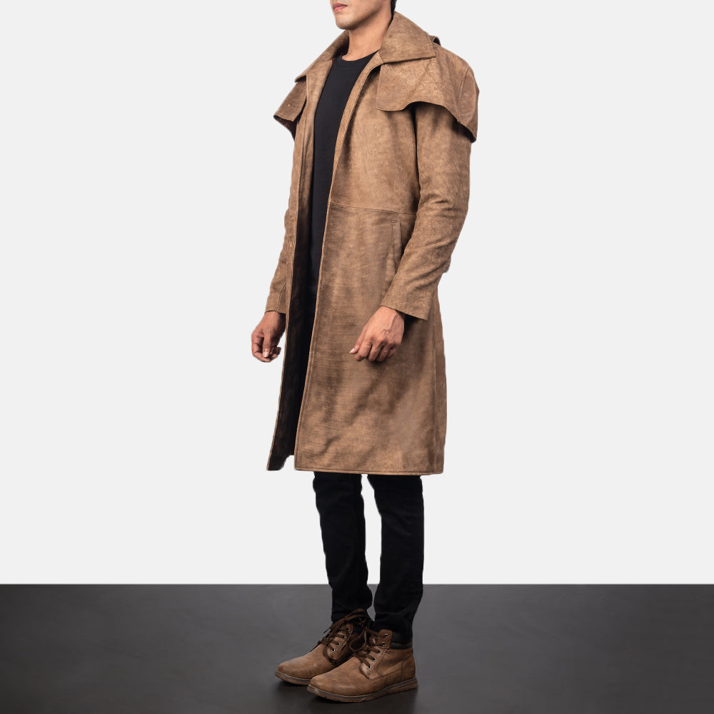 Distressed Brown Sheepskin Snuffed Trench Coat - Vista posteriore Showing Tailored Shoulder Fit &amp; Clean Hemline