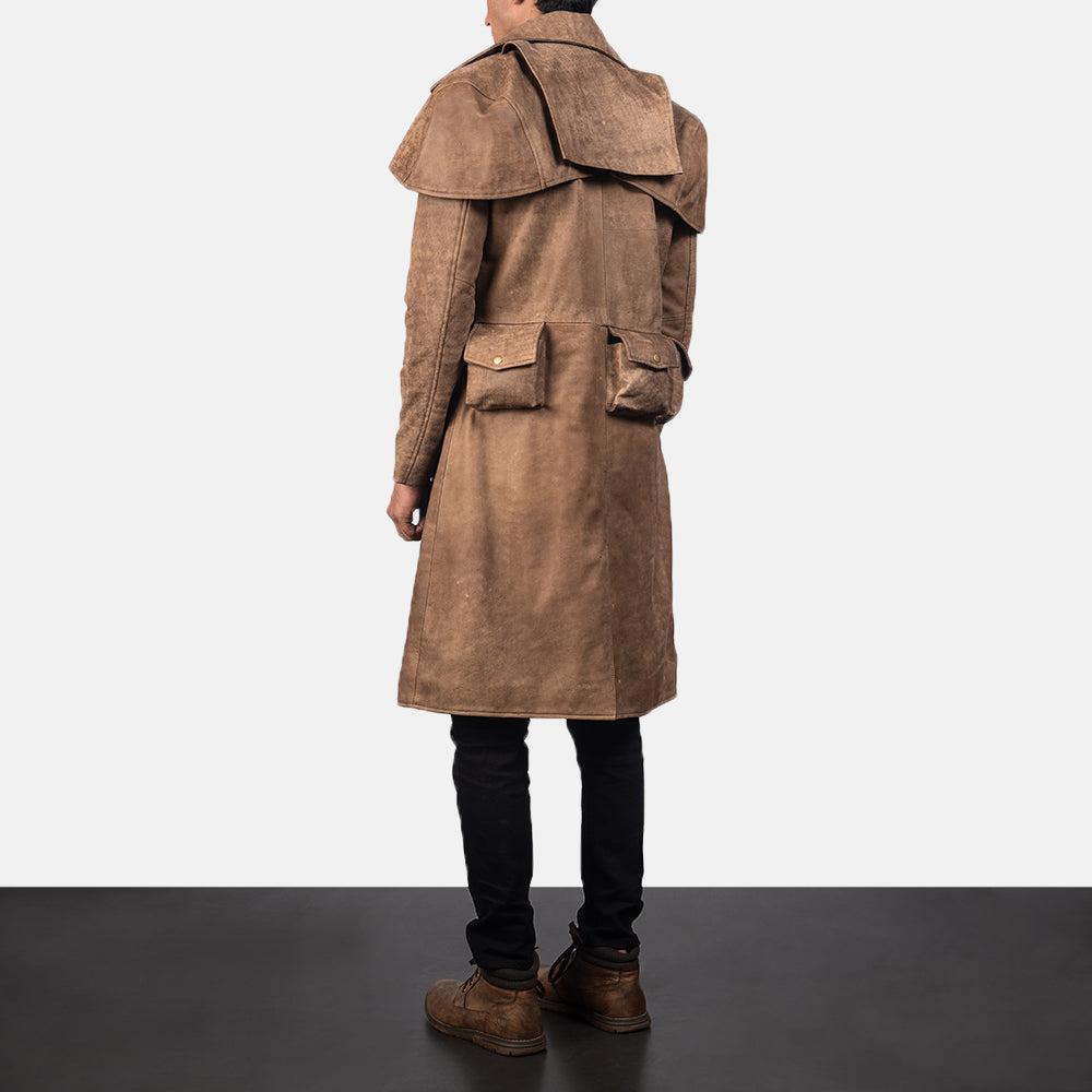 Men's Army Marrone Leather Duster da Uomo - Lateral Side Profile View Showing Sleeve Cut &amp; Athletic Taper Fit