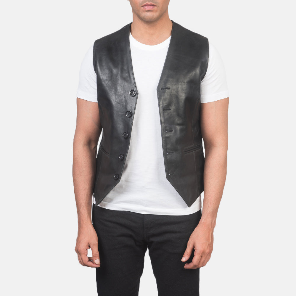 Men's Auden Nero Gilet in Pelle da Uomo in Black Cowhide Leather - Vista frontale e linea su misura | Acquista online