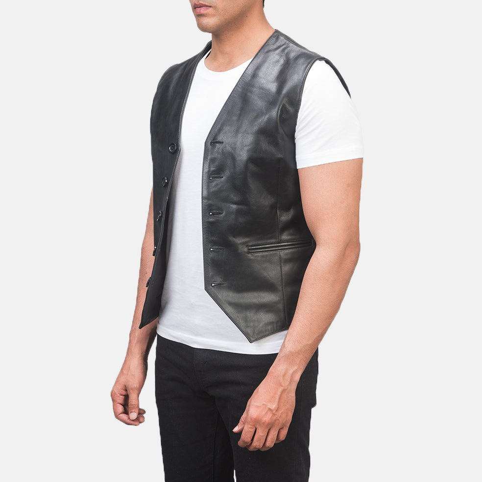 Black Cowhide leather Vest - Vista posteriore Showing Tailored Shoulder Fit &amp; Clean Hemline
