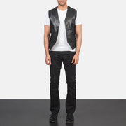 Men's Auden Nero Gilet in Pelle da Uomo - Lateral Side Profile View Showing Sleeve Cut &amp; Athletic Taper Fit