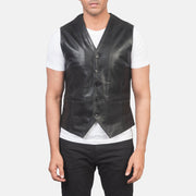 Dettaglio ravvicinato of Classic Collar &amp; 5 Button Hardware on Men's Auden Nero Gilet in Pelle da Uomo