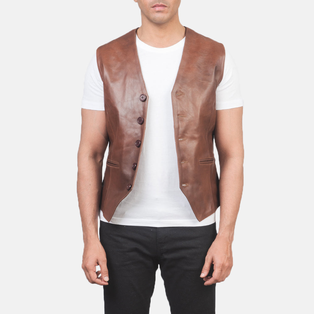 Men's Auden Brown Leather Vest in Brown Cowhide Leather - Vista frontale e linea su misura | Acquista online
