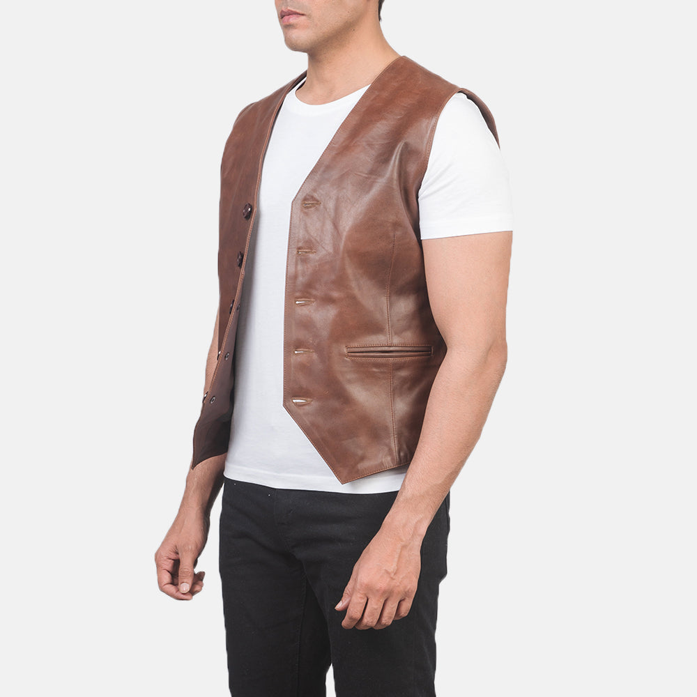 Brown Cowhide leather Vest - Vista posteriore Showing Tailored Shoulder Fit &amp; Clean Hemline