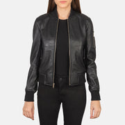 
Ava Ma-1 Black Leather Bomber Jacket in Black Sheepskin Leather - Vista frontale e silhouette sartoriale | Acquista online