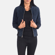 Women's Ava Ma-1 Blue Suede Bomber Jacket in Blue Sheepskin Suede - Vista frontale e linea su misura | Acquista online