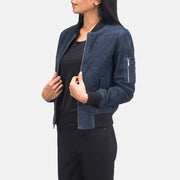 Blue Sheepskin Suede Bomber Jacket - Vista posteriore Showing Tailored Shoulder Fit &amp; Clean Hemline