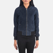 Dettaglio ravvicinato of Rib Knit &amp; Zipper Hardware on Women's Ava Ma-1 Blue Suede Bomber Jacket