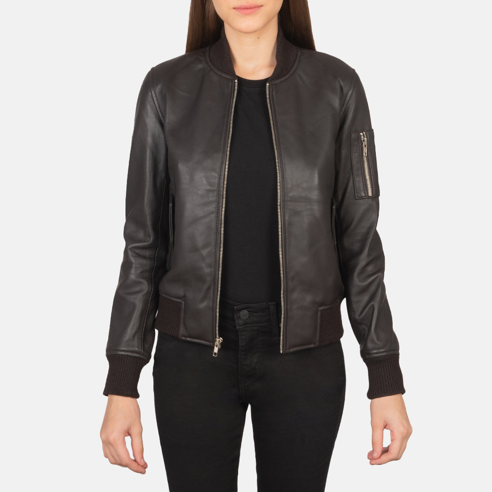 Women's Ava Ma-1 Brown Leather Bomber Jacket in Brown Sheepskin Leather - Vista frontale e linea su misura | Acquista online
