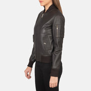 Brown Sheepskin Leather Bomber Jacket - Vista posteriore Showing Tailored Shoulder Fit &amp; Clean Hemline