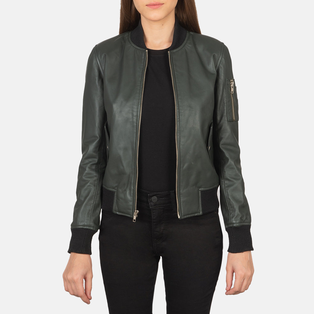 Ava Ma-1 Green Leather Bomber Jacket in Green Sheepskin Leather - Vista frontale e linea su misura | Acquista online