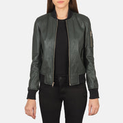 Ava Ma-1 Green Leather Bomber Jacket in Green Sheepskin Leather - Vista frontale e linea su misura | Acquista online