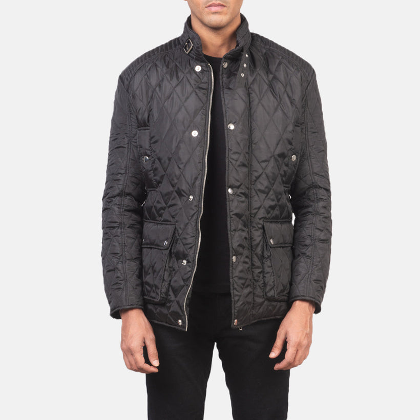 Men's Barry Quilted Black Windbreaker Jacket in Black Polyester - Front Profile View & Tailored Silhouette | Buy Online