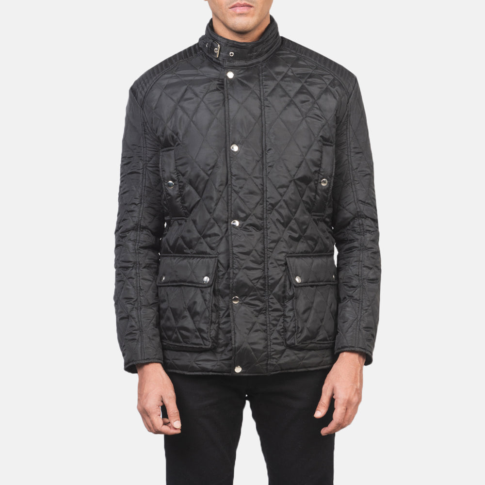 Dettaglio ravvicinato of Belted Band &amp; Button Hardware on Men's Barry Trapuntato Nero Windbreaker Giacca in Pelle da Uomo