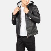 
Baston Black Hooded Leather Bomber Jacket in Black Sheepskin Leather - Vista frontale e silhouette sartoriale | Acquista online