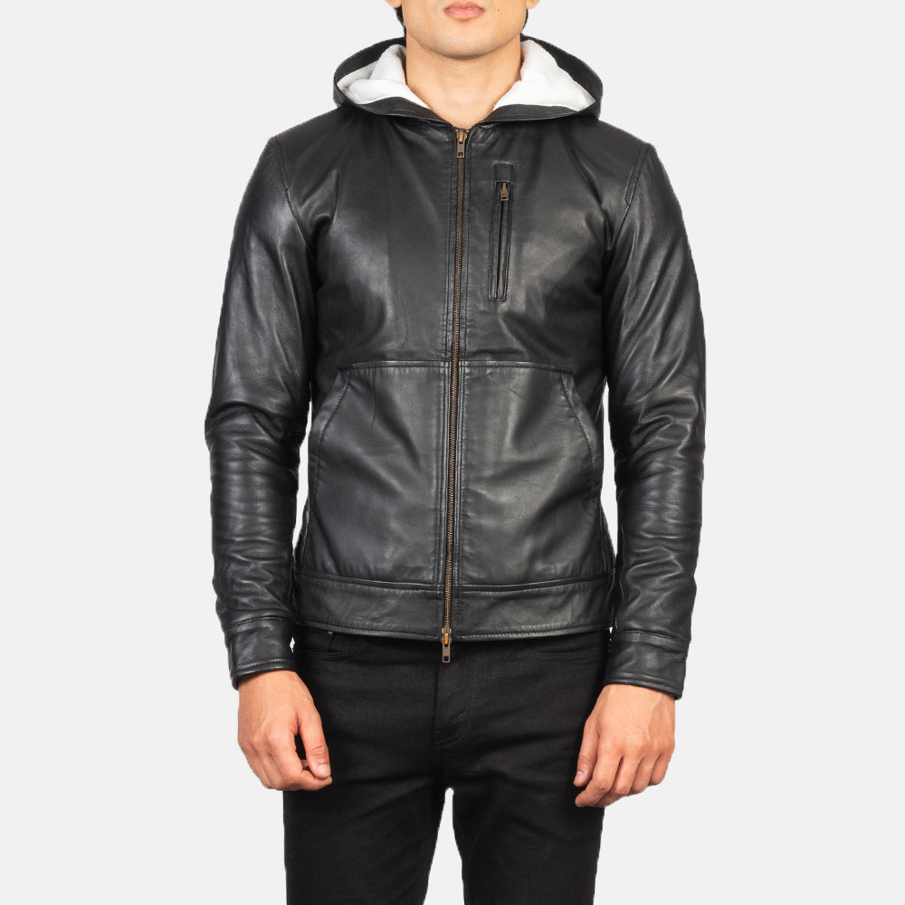 
Dettaglio ravvicinato of Hooded & Zipper Hardware on Baston Black Hooded Leather Bomber Jacket