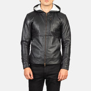 
Dettaglio ravvicinato of Hooded & Zipper Hardware on Baston Black Hooded Leather Bomber Jacket