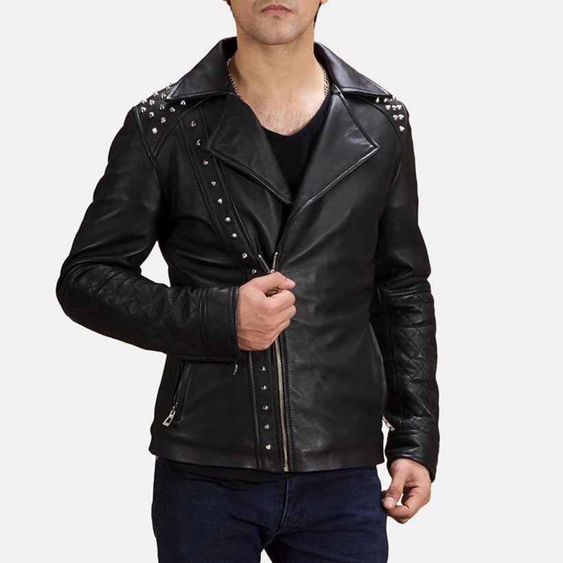 Nero con Borchie Giacca Biker in Pelle da Uomo