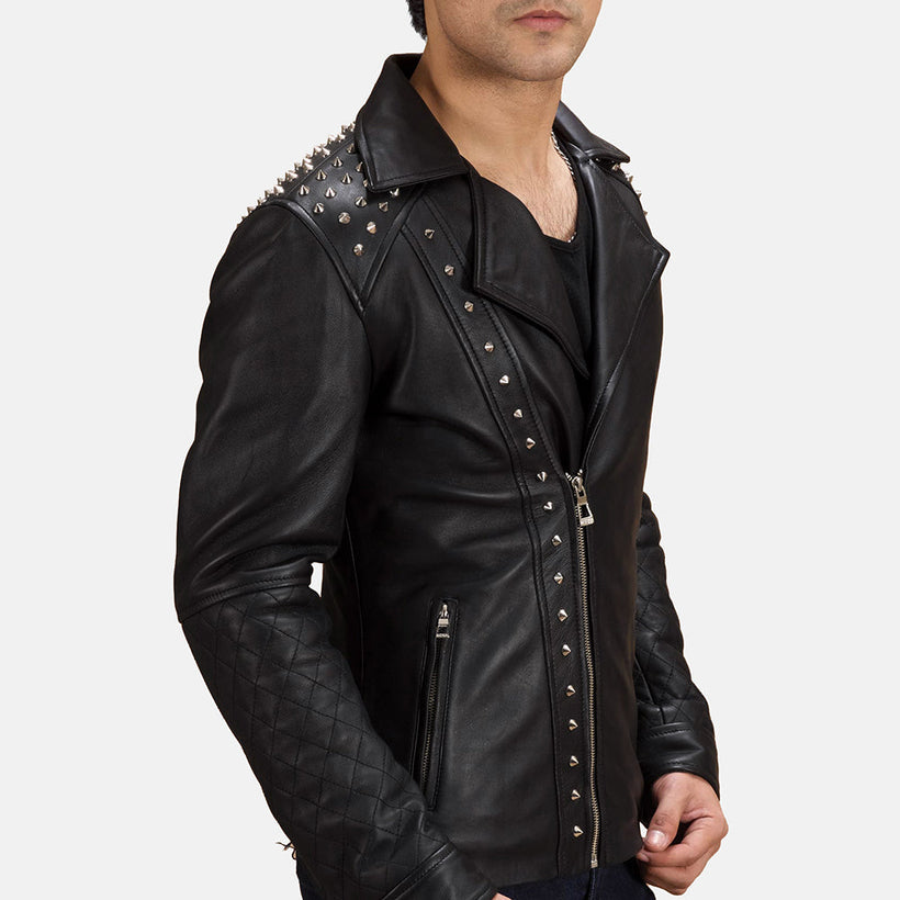 Nero con Borchie Giacca Biker in Pelle da Uomo