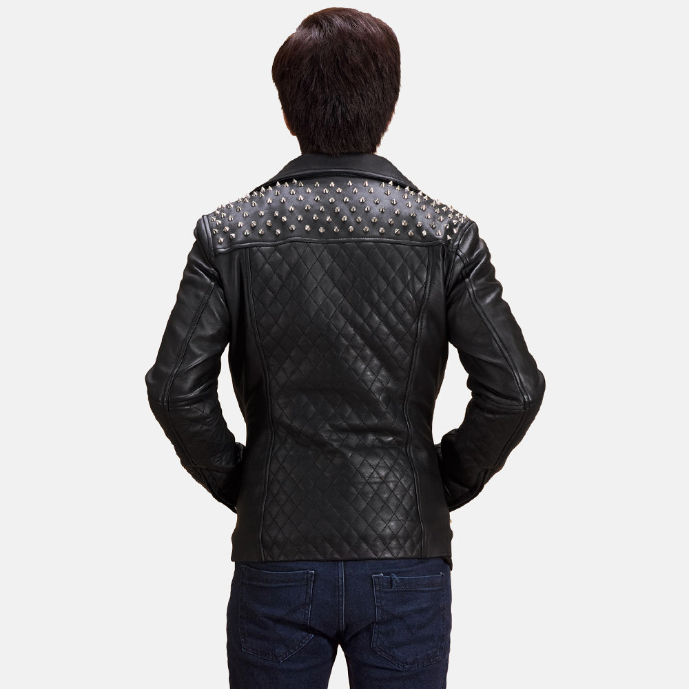 
Dettaglio ravvicinato of Notch & Zipper Hardware on Nero con Borchie Giacca Biker in Pelle da Uomo