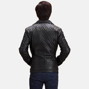 
Dettaglio ravvicinato of Notch & Zipper Hardware on Nero con Borchie Giacca Biker in Pelle da Uomo